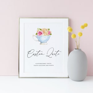 Modello di cartello per matrimonio personalizzato tazza da tè - Stampabile acquerello rose rosa e gialle Tazza da tè Tea Party Poster con citazione personalizzata - Modificabile fai da te P1T2