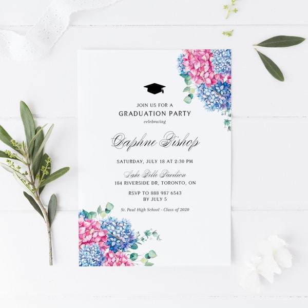 Printable Floral Graduation Party Invitation - Editable Watercolor Pink and Blue Hydrangeas Graduation Invitation Template - DIY Invitation