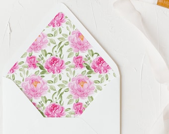 Printable Pink Peonies Greenery A7 Envelope Liners - Pretty Pink Floral Square Flap and Euro Flap Envelope Liner - Instant Download PF90