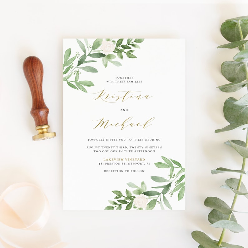 Greenery Wedding Invitation Template Printable Watercolor Greenery and White Flowers Wedding Invite DIY Editable Templett