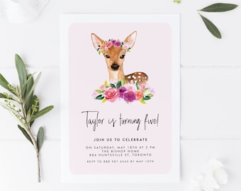 Printable Deer Kids Birthday Invitation Template - Watercolor Fawn with Floral Crown First Birthday Invitation - Editable Invitation