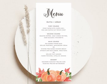 Druckbare Kürbis Herbst Hochzeit Menükarte Vorlage - DIY 4x9 Aquarell Kürbis Ernte Herbst Dusche Menükarte - Bearbeitbare Menükarte WPC5
