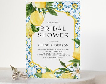 Op de afbeelding: Een uitnodiging voor een bruidsdouche met aquarel citroenen en groene bladeren. De uitnodiging bevat de tekst "Join us for a Bridal Shower" en details voor Chloe Andersons viering, inclusief datum, tijd en locatie.