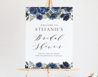 Blue Floral Bridal Shower Welcome Sign Template - Editable Boho Watercolor Navy Blue Flowers Bouquet Winter Bridal Luncheon Poster DB24