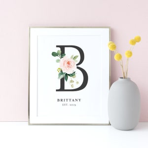 Printable Floral Letter B Monogram Nursery Art Print - Letter B Monogram with Watercolor Flowers and Foliage - 8x10 Letter B Template