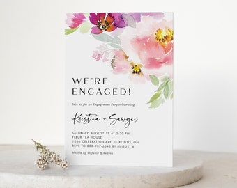 Printable Spring Floral Engagement Party Invitation Template - DIY Watercolor Pastel Pretty Flowers Engagement Evite - Editable Invite FP5