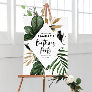 Printable Tropical Birthday Welcome Sign Template - DIY Watercolor Tropical Leaves Gold Summer Birthday Poster - Editable Birthday Sign TF40
