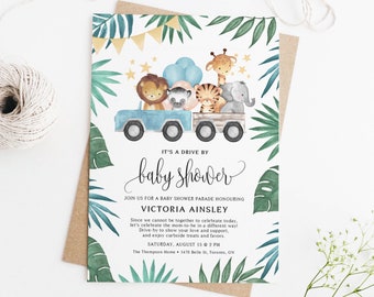 Drive By Safari Baby Shower Invitation Template - Editable Tropical Jungle Animals Social Distancing Baby Shower Invite - Templett SJ98