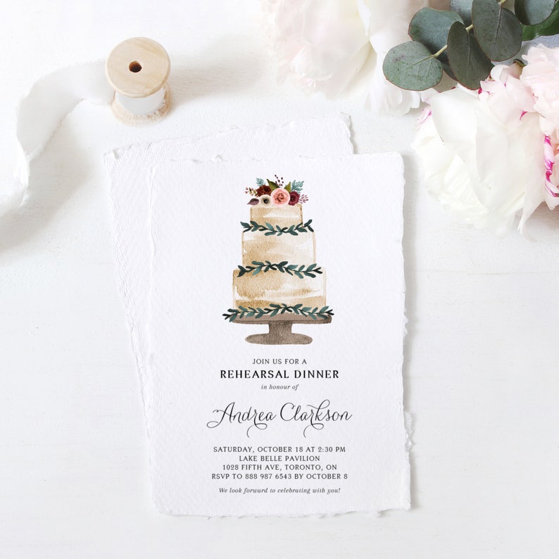 Fall Cake Rehearsal Dinner Shower Invitation Template Editable DIY FTC6 Watercolor Tiered Cake with Fall Flowers Wedding Shower Invite