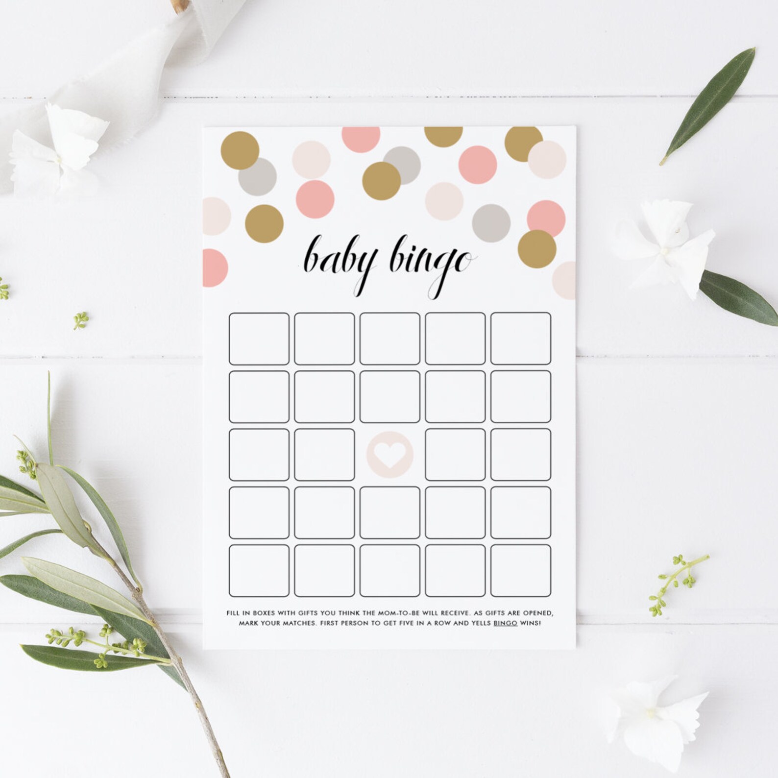 Printable Baby Bingo Card 5x7 Pink and Gold Confetti Dots | Etsy