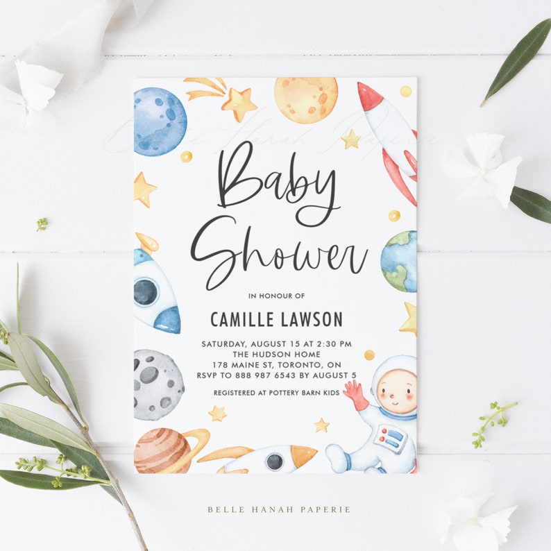 May include: A baby shower invitation with a watercolor illustration of a rocket, planets, and a baby astronaut. The text reads "Baby Shower" in honor of Camille Lawson. The invitation includes the date, time, location, RSVP information, and registry details.