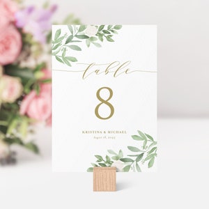 Modèle imprimable numéros de table verdure - numéros de table de mariage aquarelles modifiables 5 x 7 aquarelles et fleurs blanches - numéro de table bricolage GWF23