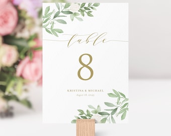 Printable Greenery Table Numbers Template - Editable  5x7 Watercolor Greenery & White Flowers Wedding Table Numbers - DIY Table Number GWF23