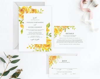 Editable Yellow Floral Wedding Invitation Set Template - Printable Watercolor Flowers Summer Wedding Set Invitation, RSVP & Details - YF651