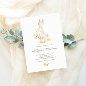 Cute Bunny Baby Shower Invitation Template - Printable Watercolor Woodland Rabbit Yellow Flowers Forest Baby Shower Invite - Editable WF01