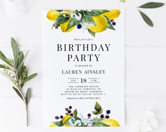 Editable Lemon Birthday Party Invitation Template - Printable Watercolor Lemons and Blackberries Summer Sweet 16 Party Invite - DIY WLB4