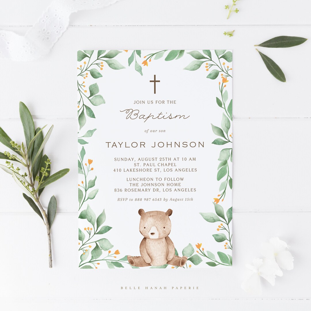 Printable Bear Baptism Invitation Template 5x7 Watercolor - Etsy