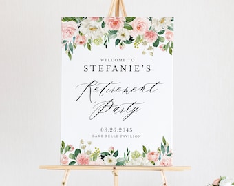 Modèle imprimable de panneau de bienvenue floral pour la fête de la retraite - 18 x 24 aquarelle printanière florale pour la fête de la retraite - panneau modifiable PWF65