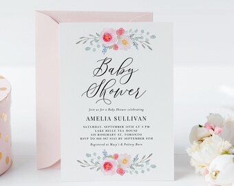 Pastel Pink Floral Baby Shower Invitation Template - Printable Watercolor Pink Peonies and Eucalyptus Baby Shower Brunch Invite - DIY PPE5