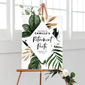 Printable Tropical Retirement Party Template - DIY Watercolor Tropical Leaves Gold Summer Retirement Party Poster - Editable Sign TF40
