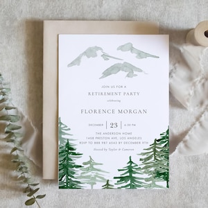 Druckbare Wald-Ruhestandsfeier-Einladungsvorlage - DIY Aquarell Rustikale Wald-Ruhestandsfeier Evite - Bearbeitbare Wintereinladung WF63
