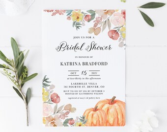 Boho Pumpkins Bridal Shower Invitation Template - Printable Fall Floral Bridal Brunch, Virtual Bridal Shower Invite - Editable DIY PF17