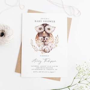 Printable Owl Baby Shower Invitation Template - DIY Rustic Watercolor Mommy and Baby Owls Woodland Baby Shower Invite - Editable Invite OM15