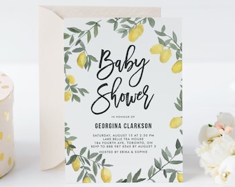 Printable Boho Lemon Baby Shower Invitation Template - DIY Watercolor Lemon Wreath Gender Neutral Summer Baby Brunch Evite - Editable BLW1