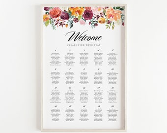 Plantilla de gráfico de asientos de boda de otoño imprimible - Editable acuarela otoño flores boda mesa plan signo - DIY otoño asiento plan AB41