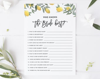 Boho Lemon Who Knows the Bride Best Game - How Well Do You Know the Bride Card - Printable Lemon Garland Summer Bridal Shower Game BLW1