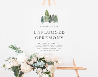 Printable Woodland Unplugged Wedding Sign Template - DIY Watercolor Forest Unplugged Wedding Ceremony Sign - Editable Wedding Sign FT24