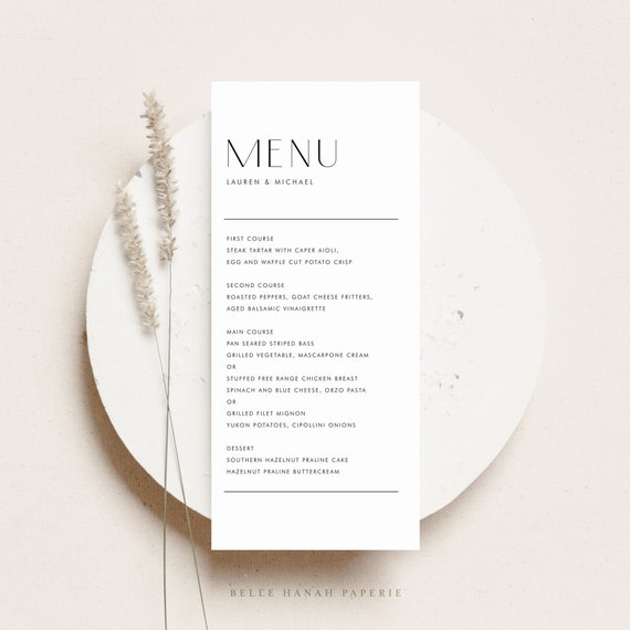 Printable Minimalist Menu Card Template - 4x9 DIY Contemporary Wedding Menu Card - Editable Simple Shower Menu Card - Lauren Suite