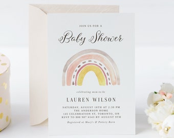 Afdrukbare regenboog baby shower uitnodiging sjabloon - DIY pastel aquarel regenboog genderneutrale baby shower Evite - bewerkbare uitnodiging