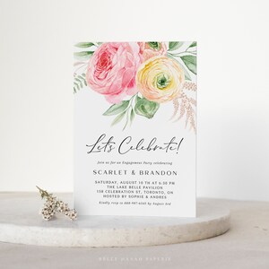 Printable Ranunculus Engagement Party Invitation Template - Watercolor Pink & Yellow Ranunculus Wedding Shower Evite - Editable Invite WPRG6