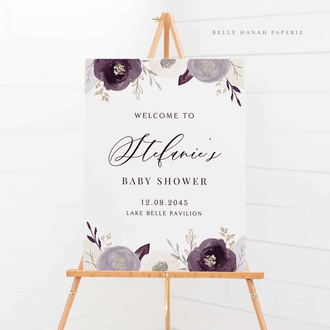 Printable Purple Baby Shower Welcome Sign Template - Purple & Ivory Flowers  Silver Foil Gender Neutral Baby Shower Sign - Editable Sign PS32 - Etsy