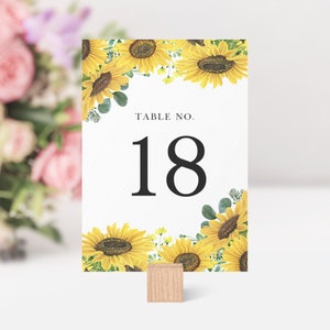 Números de mesa de girassóis de 1 a 20 - Cartão de números de mesa de casamento de verão para impressão em aquarela de girassóis e eucaliptos - Download instantâneo SE35