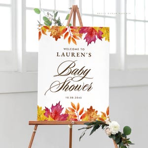 Printable Fall Baby Shower Welcome Sign Template - DIY 18x24 Watercolor Falling Leaves Autumn Baby Shower Poster - Editable Sign WFL18