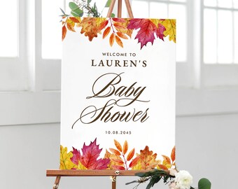 Printable Fall Baby Shower Welcome Sign Template - DIY 18x24 Watercolor Falling Leaves Autumn Baby Shower Poster - Editable Sign WFL18