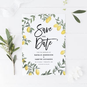 Boho Lemon Wreath Save the Date Vorlage - druckbare rustikale Aquarell Zitrone Sommer Hochzeit Save the Date Ankündigungskarte - bearbeitbar BLW1