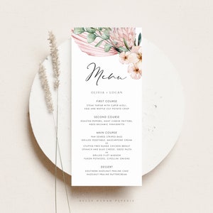 Plantilla imprimible para menú de boda tropical: plantilla para menú de boda DIY de 4 x 9 con proteas y orquídeas en acuarela - Plantilla para menú de despedida de soltera editable BP55