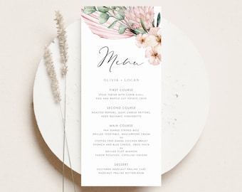 Printable Tropical Wedding Menu Card Template - DIY 4x9 Watercolor Blush Protea & Orchids Wedding Menu Card - Editable Shower Menu Card BP55