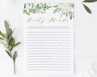 Printable Greenery Dirty Minds Game Card - Greenery White Flowers Dirty Riddles Bridal Shower Game, Bachelorette Game Instant Download GWF23