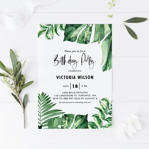 Printable Tropical Greenery Birthday Invitation Template - Watercolor Variegated Tropical Greenery Summer Sweet 16 Invite - Editable VTP4