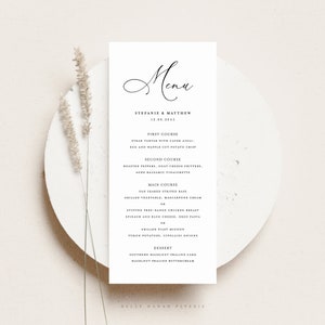 Plantilla de tarjeta de menú de guión imprimible - Tarjeta de menú de boda elegante Beatrice 4x9 - Tarjeta de menú de despedida de soltera editable - Color personalizable