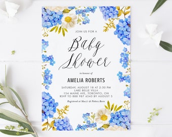 Blue Hydrangea Baby Shower Invitation Template - DIY Printable Blue and White Hydrangeas Floral Boy Baby Brunch Evite - Editable Invite BWH7