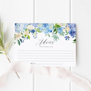 Cartão de Conselhos Florais para a Futura Mamãe - Cartão de Conselhos para Chá de Bebê em Aquarela Azul e Branca Hortênsias e Rosas - Download Instantâneo #024