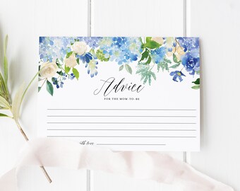 Floral Advice for the Mom to be Card - Blue and White Watercolor Hydrangeas and Roses Baby Shower Advice Card - Instant Download #024