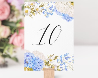 Blue Hydrangea Table Numbers 1 to 20 - 5x7 Printable Blue and White Hydrangea Floral Wedding Table Numbers Card - Instant Download BWH7