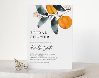 Printable Orange Baby Shower Invitation Template - DIY Watercolor Orange Branch Summer Baby Shower Evite - Editable Citrus Invitation GO54