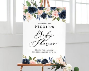 DIY Blush and Navy Floral Bridal Shower Welcome Sign Template - Printable Rustic Navy & Blush Flowers Bridal Shower Poster - Editable BN18